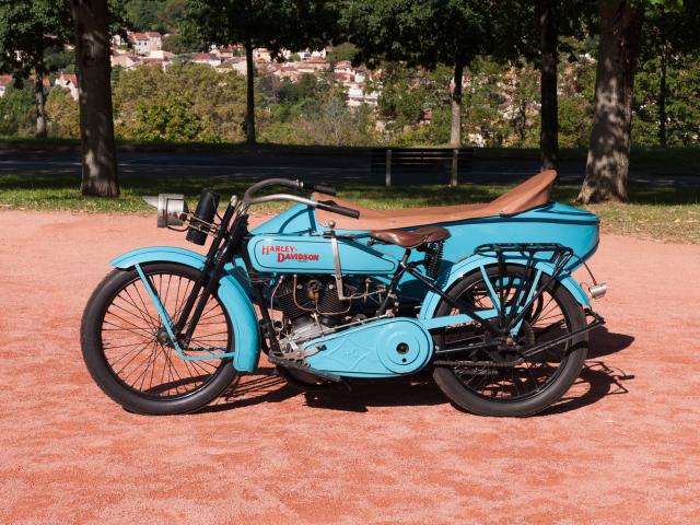 Harley Davidson – Side car du Musée de l'automobile Henri Malartre présentée de profil dans le parc du musée.